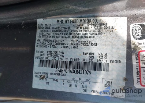 2012 Ford Fusion Se z USA, uszkodzony, nr VIN 3FAHP0HA3CR431079